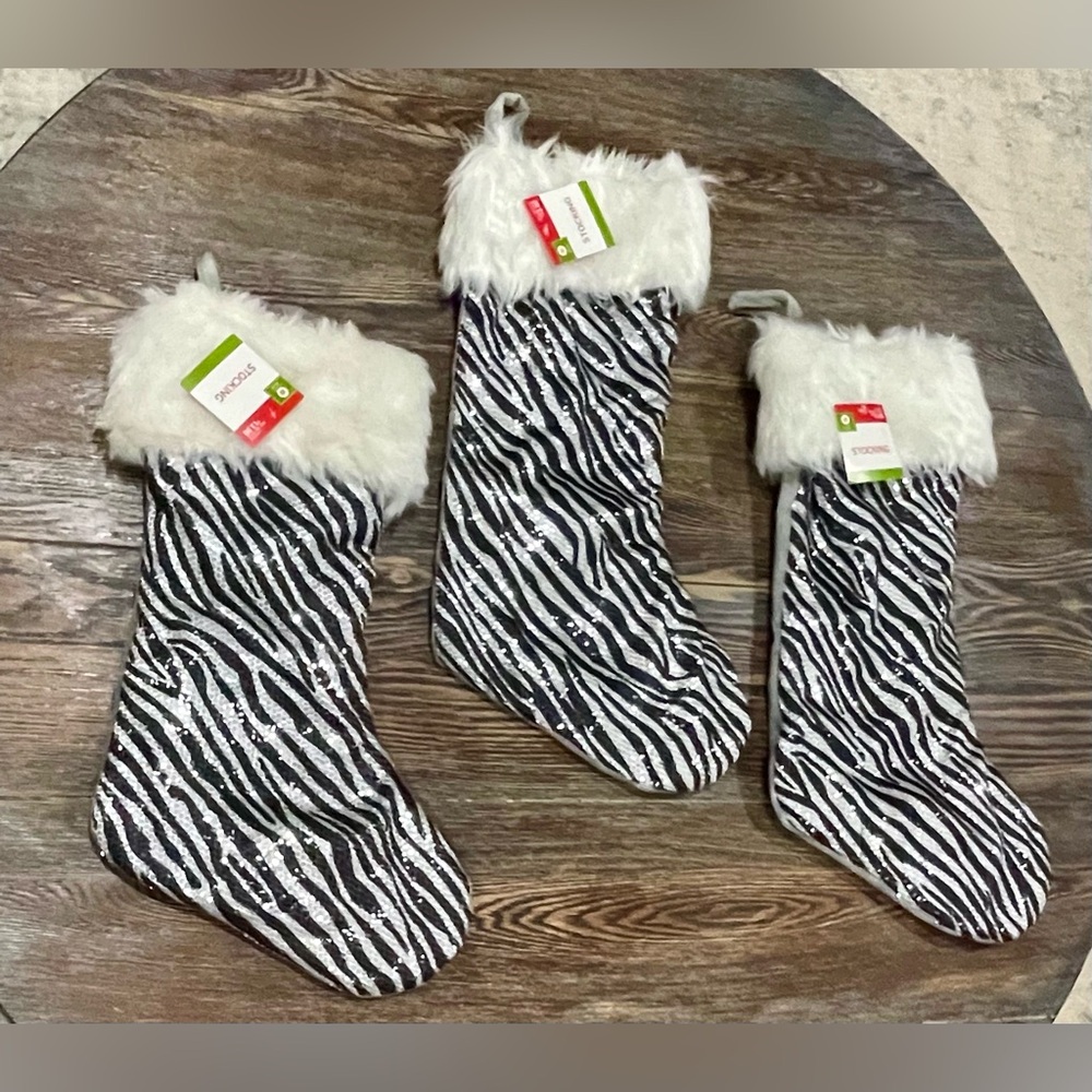 Set/3 Glam Sparkly Sequined Black/Silver Zebra Faux Fur Christmas Stockings -NWT